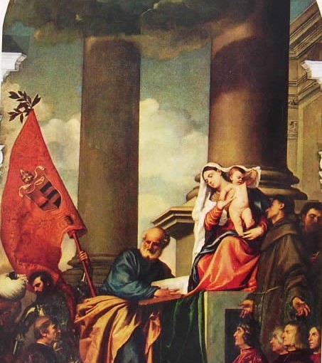 Tiziano Vecellio: Sacra conversazione con i donatori Pesaro (Pala di Pesaro), cm. 268, Santa Maria gloriosa dei Frari.